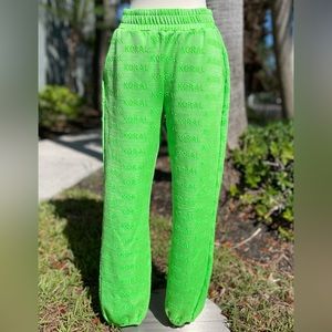 Koral Neon Green Logo Sweatpants Size S 4 6 Stretch Trendy Joggers Pockets Y2K